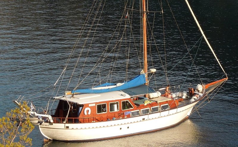 Traditional Greek wooden hull sailing yacht