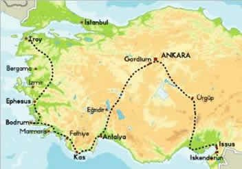 Map of Turkey showing the route walked in Alexander the Great's footsteps 
