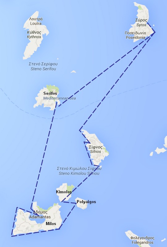  Itineraire dans les iles grecques des Cyclades de l'Ouest